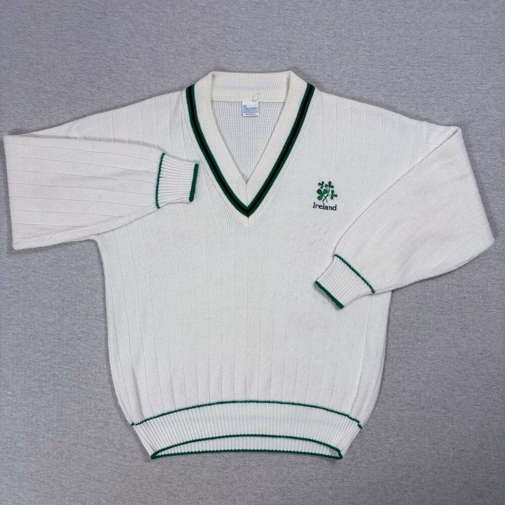 Vintage Ireland Embroidered Clover Shamrock V-Neck Acrylic White Sweater Size XL
